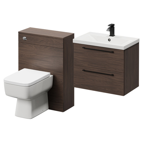 Napoli Cento 390 Brown Oak 1200mm Vanity Unit Toilet Suite with 1 Tap Hole Basin and 2 Drawers with Matt Black Handles Right Hand View