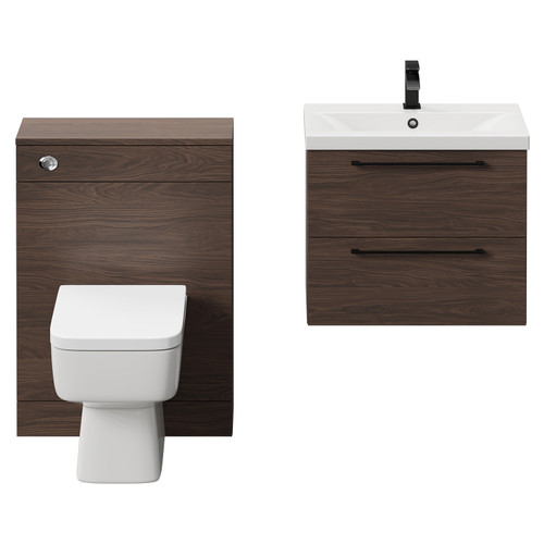 Napoli Cento 390 Brown Oak 1200mm Vanity Unit Toilet Suite with 1 Tap Hole Basin and 2 Drawers with Matt Black Handles Front View