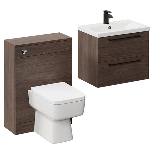 Napoli Cento 390 Brown Oak 1200mm Vanity Unit Toilet Suite with 1 Tap Hole Basin and 2 Drawers with Matt Black Handles Left Hand View