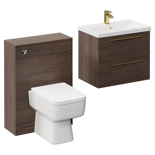 Napoli Cento 390 Brown Oak 1200mm Vanity Unit Toilet Suite with 1 Tap Hole Basin and 2 Drawers with Brushed Brass Handles Left Hand View