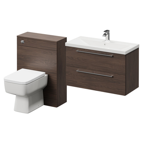 Napoli Cento 390 Brown Oak 1400mm Wall Mounted Vanity Unit Toilet Suite with 1 Tap Hole Basin and 2 Drawers with Polished Chrome Handles Right Hand View