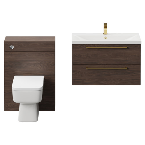 Napoli Cento 390 Brown Oak 1400mm Wall Mounted Vanity Unit Toilet Suite with 1 Tap Hole Basin and 2 Drawers with Brushed Brass Handles Front View
