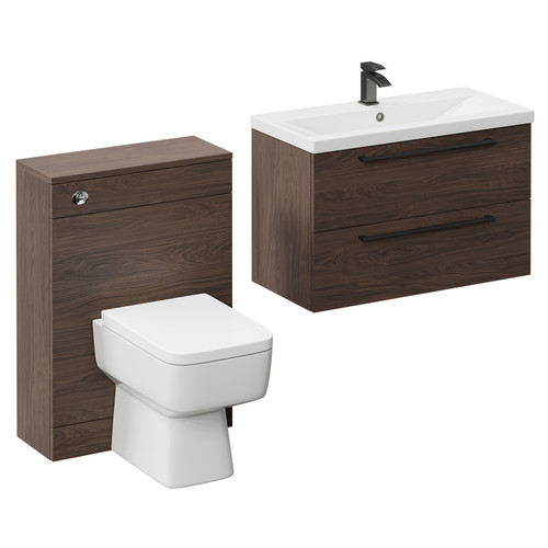 Napoli Cento 390 Brown Oak 1400mm Wall Mounted Vanity Unit Toilet Suite with 1 Tap Hole Basin and 2 Drawers with Gunmetal Grey Handles Left Hand View