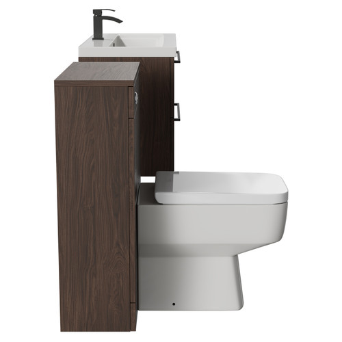 Napoli Cento 390 Brown Oak 1400mm Wall Mounted Vanity Unit Toilet Suite with 1 Tap Hole Basin and 2 Drawers with Gunmetal Grey Handles Side View
