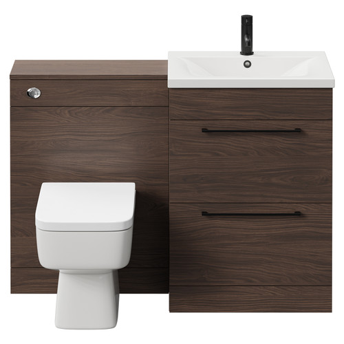 Napoli Cento Brown Oak 1200mm Vanity Unit Toilet Suite with 1 Tap Hole Basin and 2 Drawers with Matt Black Handles Front View