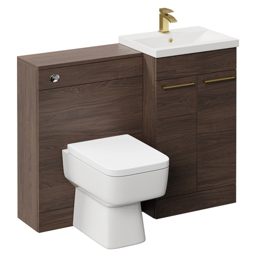 Napoli Cento Brown Oak 1100mm Vanity Unit Toilet Suite with 1 Tap Hole Basin and 2 Doors with Brushed Brass Handles Left Hand View