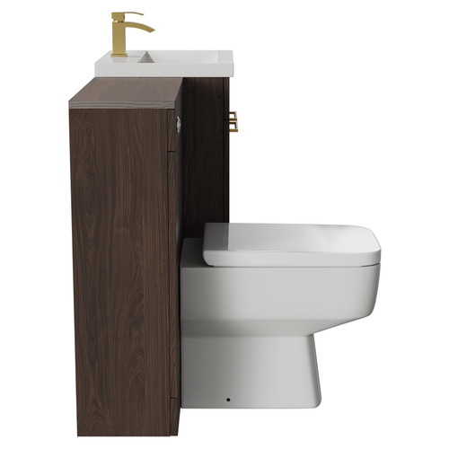 Napoli Cento Brown Oak 1100mm Vanity Unit Toilet Suite with 1 Tap Hole Basin and 2 Doors with Brushed Brass Handles Side View