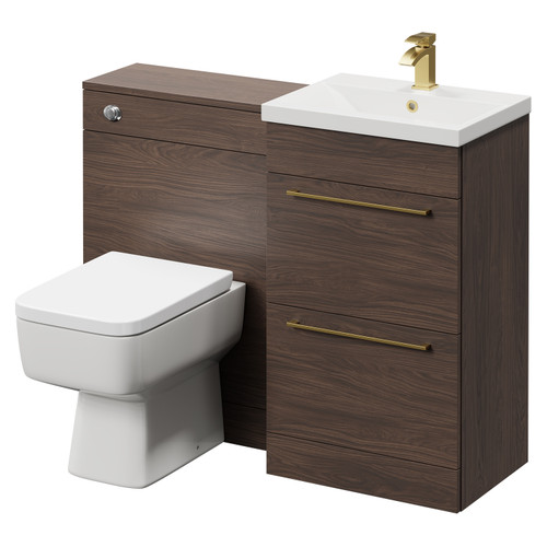 Napoli Cento Brown Oak 1100mm Vanity Unit Toilet Suite with 1 Tap Hole Basin and 2 Drawers with Brushed Brass Handles Right Hand View