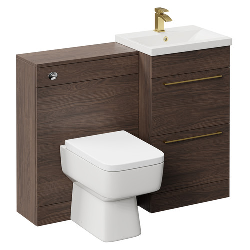 Napoli Cento Brown Oak 1100mm Vanity Unit Toilet Suite with 1 Tap Hole Basin and 2 Drawers with Brushed Brass Handles Left Hand View
