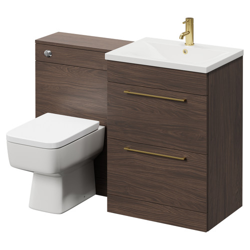 Napoli Cento Brown Oak 1200mm Vanity Unit Toilet Suite with 1 Tap Hole Basin and 2 Drawers with Brushed Brass Handles Right Hand View
