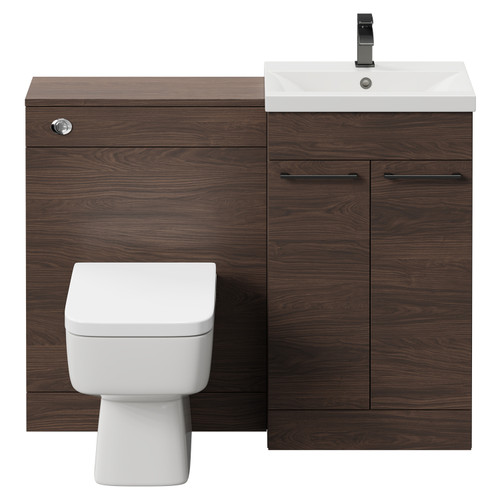 Napoli Cento Brown Oak 1100mm Vanity Unit Toilet Suite with 1 Tap Hole Basin and 2 Doors with Gunmetal Grey Handles Front View