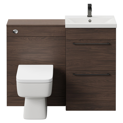 Napoli Cento Brown Oak 1100mm Vanity Unit Toilet Suite with 1 Tap Hole Basin and 2 Drawers with Gunmetal Grey Handles Front View