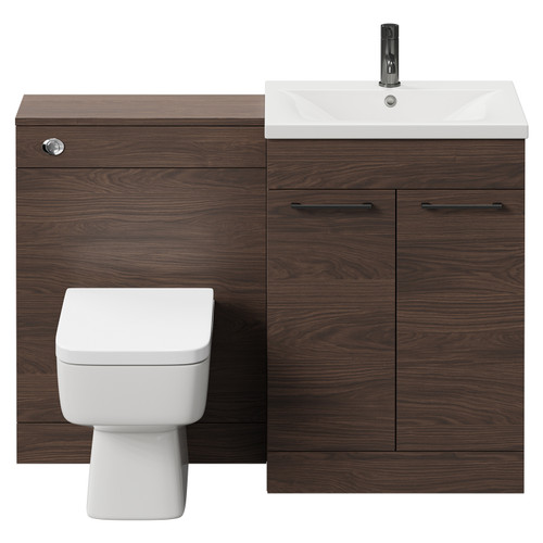 Napoli Cento Brown Oak 1200mm Vanity Unit Toilet Suite with 1 Tap Hole Basin and 2 Doors with Gunmetal Grey Handles Front View