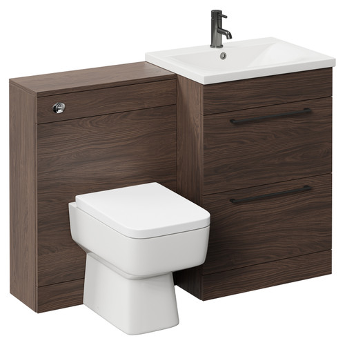 Napoli Cento Brown Oak 1200mm Vanity Unit Toilet Suite with 1 Tap Hole Basin and 2 Drawers with Gunmetal Grey Handles Left Hand View
