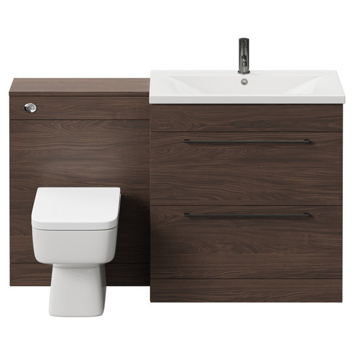 Napoli Cento Brown Oak 1400mm Vanity Unit Toilet Suite with 1 Tap Hole Basin and 2 Drawers with Gunmetal Grey Handles Front View