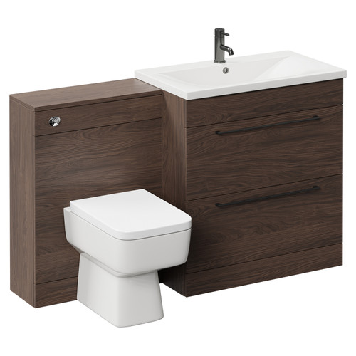 Napoli Cento Brown Oak 1400mm Vanity Unit Toilet Suite with 1 Tap Hole Basin and 2 Drawers with Gunmetal Grey Handles Left Hand View