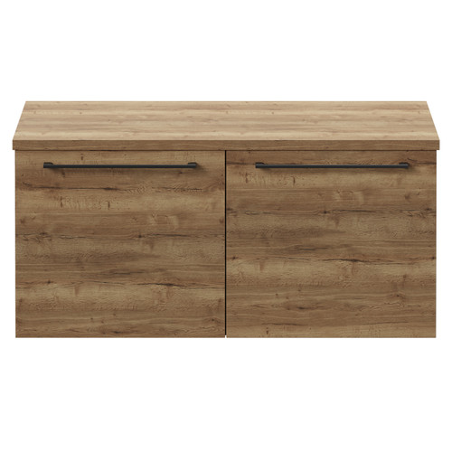 Napoli Tobacco Oak 1000mm Wall Mounted Vanity Unit for Countertop Basins with 2 Drawers and Colore Gunmetal Grey Handles Front View