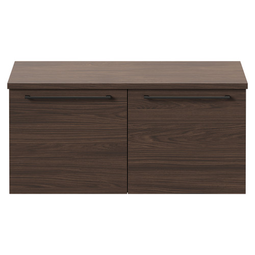 Napoli Brown Oak 1000mm Wall Mounted Vanity Unit for Countertop Basins with 2 Drawers and Colore Gunmetal Grey Handles Front View