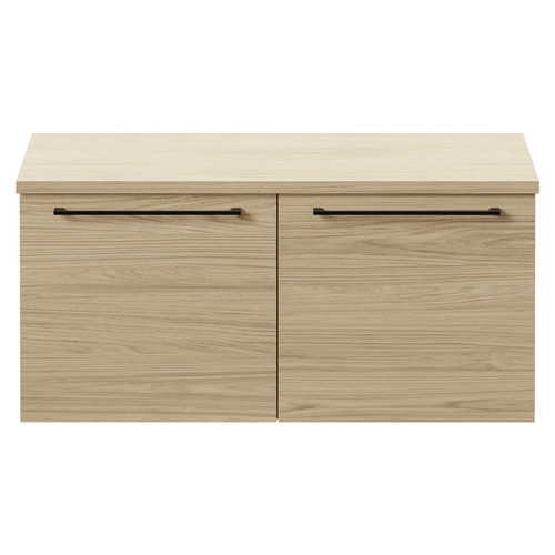 Napoli Light Oak 1000mm Wall Mounted Vanity Unit for Countertop Basins with 2 Drawers and Colore Matt Black Handles Front View