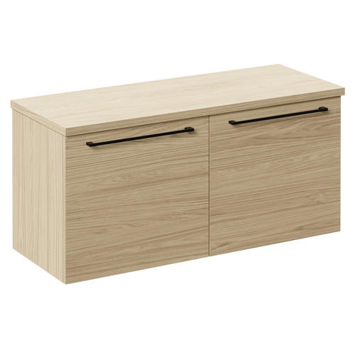 Napoli Light Oak 1000mm Wall Mounted Vanity Unit for Countertop Basins with 2 Drawers and Colore Matt Black Handles Left Hand View