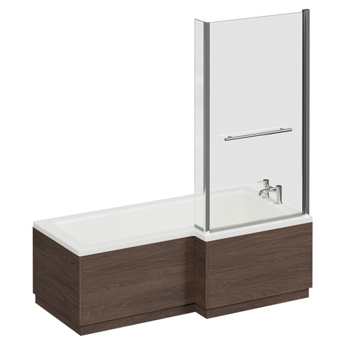 Loire 1700mm Right Hand L Shaped Shower Bath with Towel Rail Bath Screen and Brown Oak Front and End Bath Panel Left Hand View
