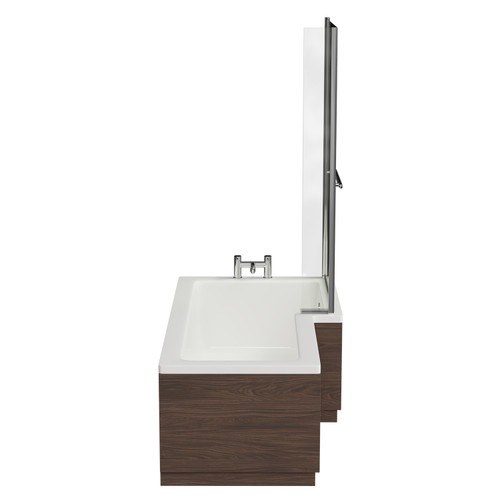 Loire 1700mm Right Hand L Shaped Shower Bath with Towel Rail Bath Screen and Brown Oak Front and End Bath Panel Side View