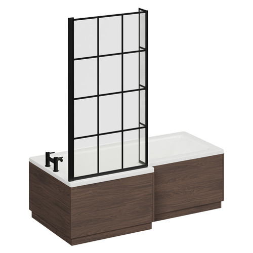 Loire 1700mm Left Hand L Shaped Shower Bath with Matt Black Bath Screen and Brown Oak Front and End Bath Panels Left Hand View
