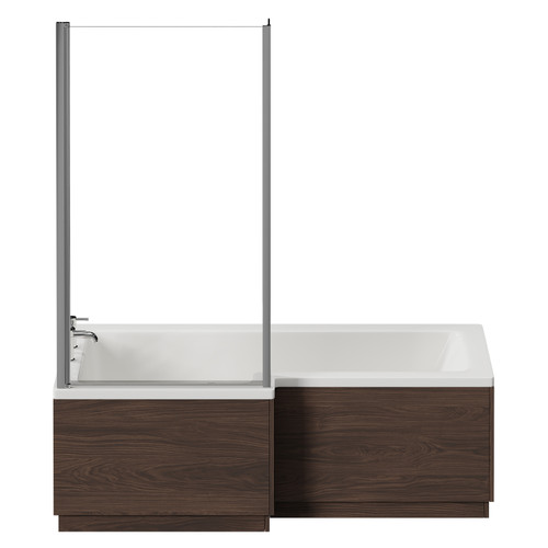 Loire 1700mm Left Hand L Shaped Shower Bath with Bath Screen and Brown Oak Front and End Bath Panel View from Front