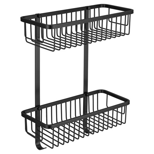 Milos Colore Matt Black Rectangular 2 Tier Wall Mounted Wire Basket View from Front