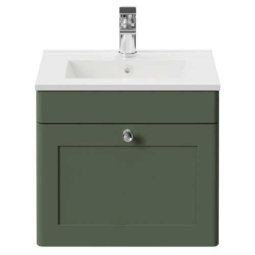 Danbury Satin Green 500mm Floor Standing Vanity Unit with 1 Tap Hole Minimalist Basin and 2 Doors with Polished Chrome Handles Front View