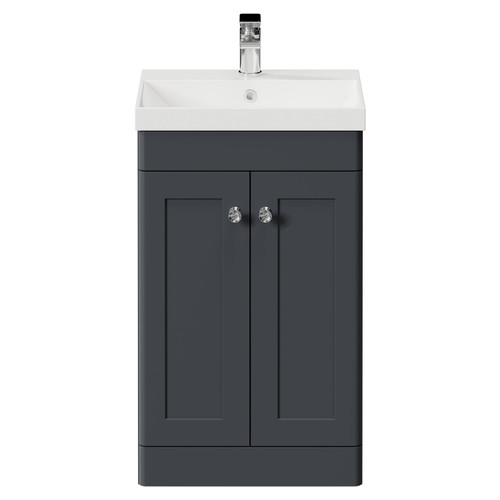 Danbury Satin Anthracite 500mm Wall Mounted Vanity Unit with 1 Tap Hole Slim Edge Basin and Single Drawer with Polished Chrome Handle Front View