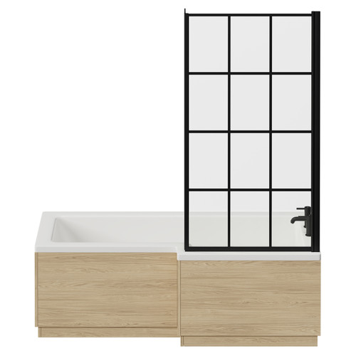 Loire 1700mm Right Hand L Shaped Shower Bath with Matt Black Bath Screen and Light Oak Front and End Bath Panel Front View