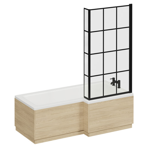Loire 1700mm Right Hand L Shaped Shower Bath with Matt Black Bath Screen and Light Oak Front and End Bath Panel Left Hand View