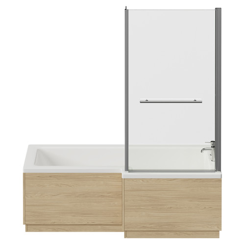 Loire 1700mm Right Hand L Shaped Shower Bath with Towel Rail Bath Screen and Light Oak Front and End Bath Panel Front View
