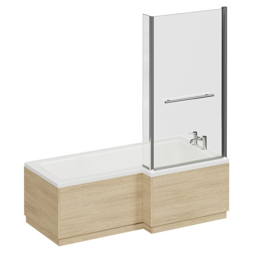 Loire 1700mm Right Hand L Shaped Shower Bath with Towel Rail Bath Screen and Light Oak Front and End Bath Panel Left Hand View