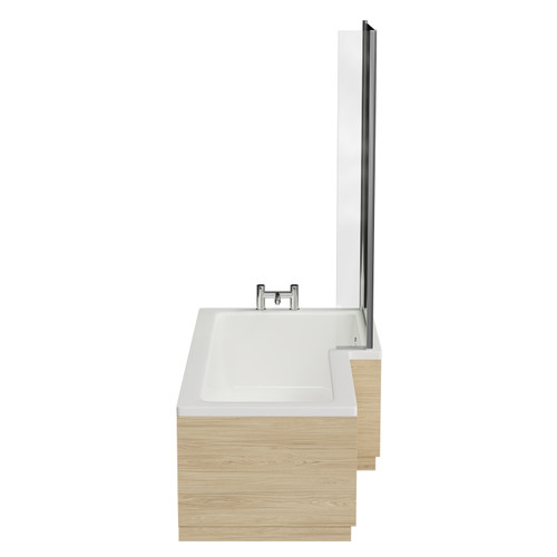 Loire 1700mm Right Hand L Shaped Shower Bath with Bath Screen and Light Oak Front and End Bath Panel Side View
