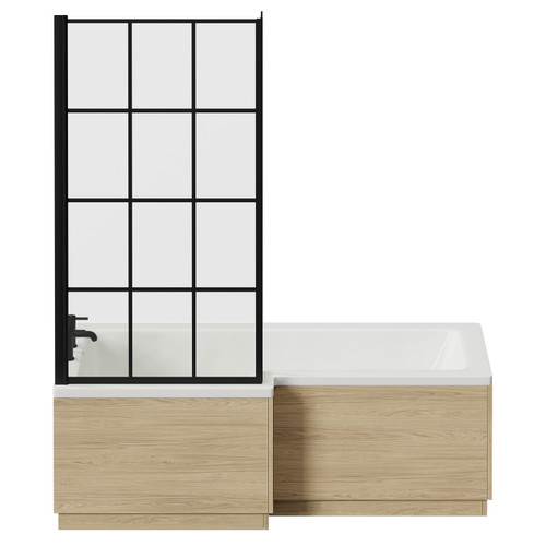 Loire 1700mm Left Hand L Shaped Shower Bath with Matt Black Bath Screen and Light Oak Front and End Bath Panel Front View