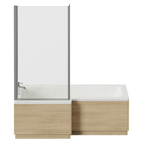 Loire 1700mm Left Hand L Shaped Shower Bath with Bath Screen and Light Oak Front and End Bath Panel Front View