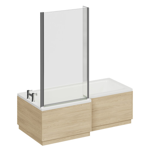 Loire 1700mm Left Hand L Shaped Shower Bath with Bath Screen and Light Oak Front and End Bath Panel Left Hand View