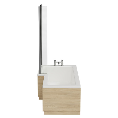 Loire 1700mm Left Hand L Shaped Shower Bath with Bath Screen and Light Oak Front and End Bath Panel Side View