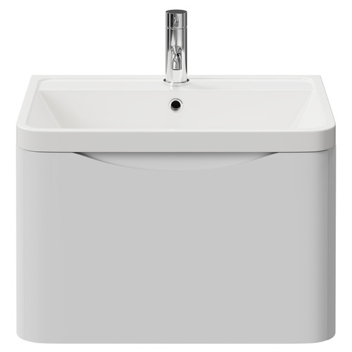 Vela Satin White 600mm Wall Mounted Single Drawer Vanity Unit with Anya Basin View from Front