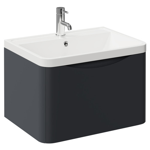 Vela Satin Anthracite 600mm Wall Mounted Single Drawer Vanity Unit with Anya Basin Left Hand View