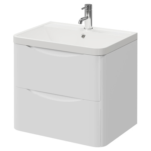 Vela Gloss White 600mm Wall Mounted 2 Drawer Vanity Unit with Anya Basin Right Hand View