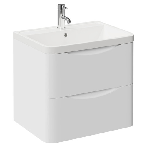 Vela Gloss White 600mm Wall Mounted 2 Drawer Vanity Unit with Anya Basin Left Hand View