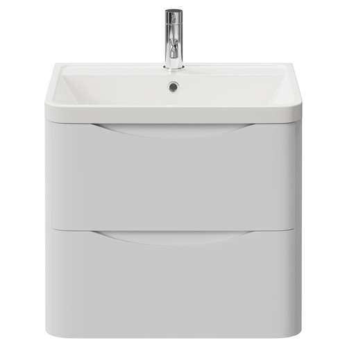 Vela Satin White 600mm Wall Mounted 2 Drawer Vanity Unit with Anya Basin View from Front