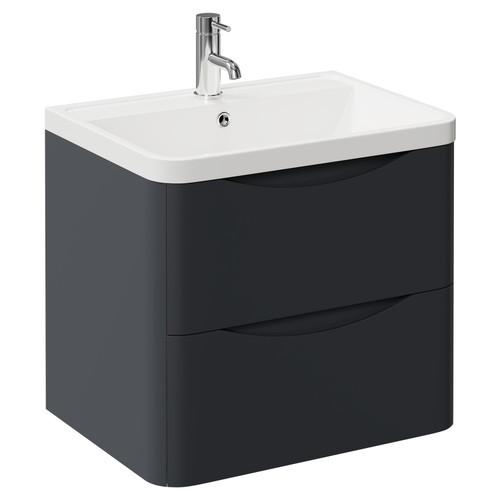 Vela Satin Anthracite 600mm Wall Mounted 2 Drawer Vanity Unit with Anya Basin Left Hand View