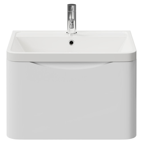 Vela Gloss White 600mm Wall Mounted Single Drawer Vanity Unit with Leni Basin View from Front