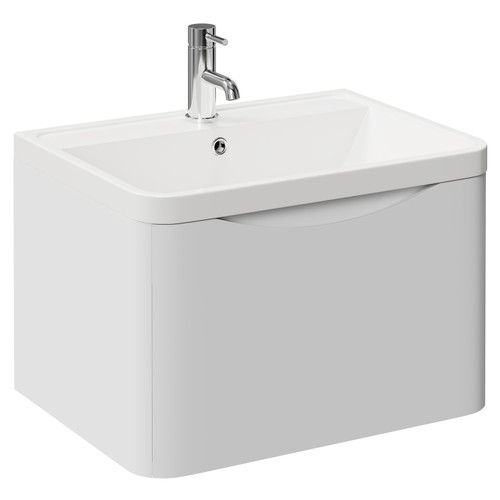 Vela Satin White 600mm Wall Mounted Single Drawer Vanity Unit with Leni Basin Left Hand View