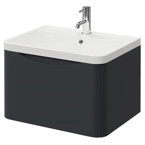 Vela Satin Anthracite 600mm Wall Mounted Single Drawer Vanity Unit with Leni Basin Right Hand View