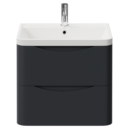 Vela Satin Anthracite 600mm Wall Mounted 2 Drawer Vanity Unit with Leni Basin View from Front